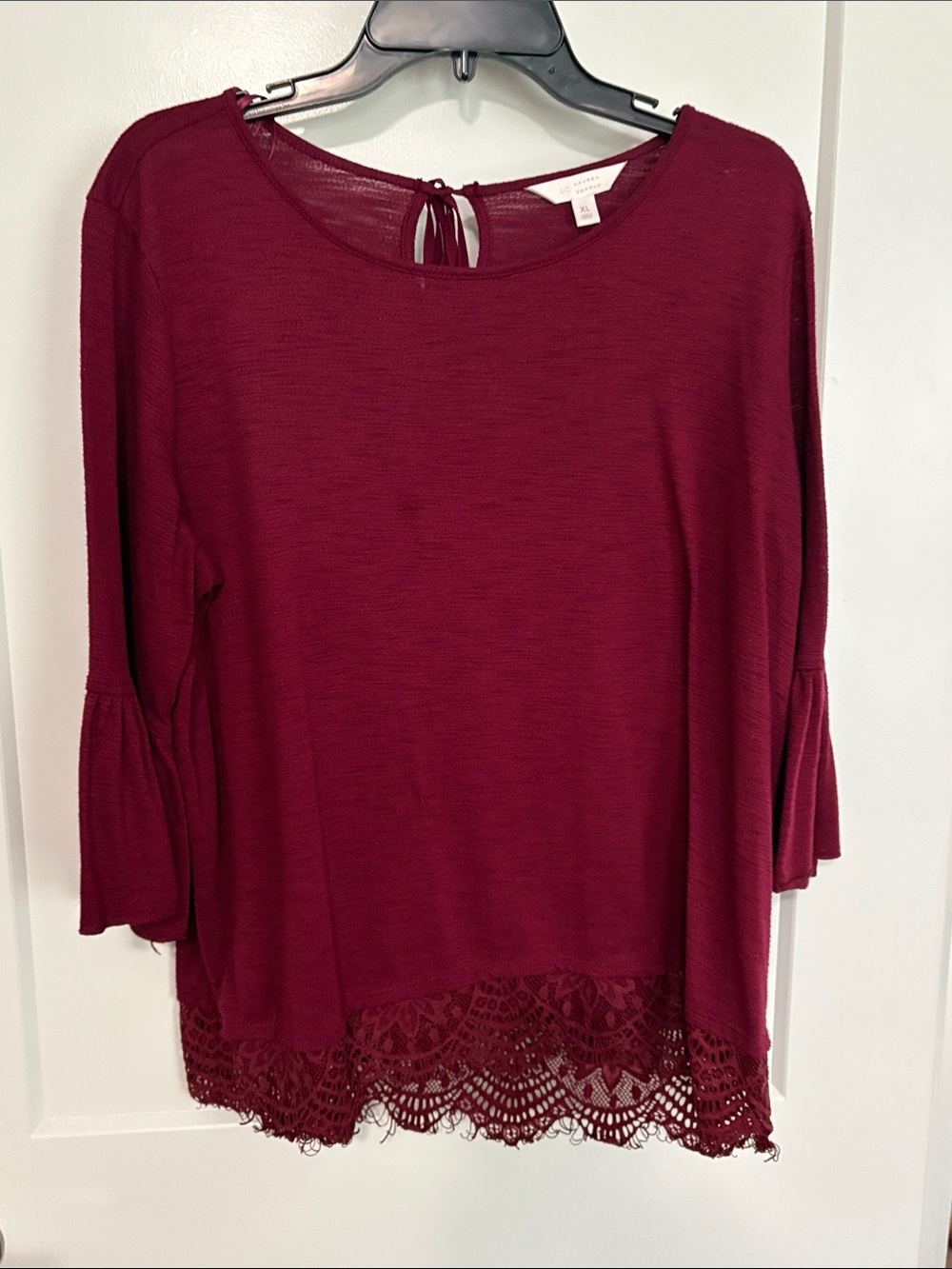LC Lauren Conrad Burgundy Lace-Hem Long Sleeve Top